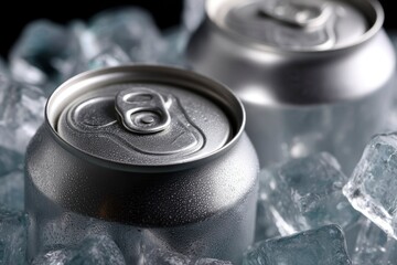 Two silver aluminum cans sit among ice cubes the closest can has water droplets indicating its cold