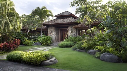 A tropical house with stone walls and a lush green lawn surrounded by vegetation