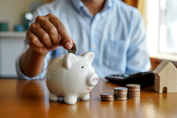 Person saving money by depositing coins into a piggy bank