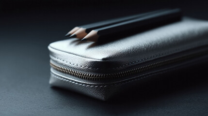 Elegant stationery. Minimalist composition with pencils atop a case on a dark background.  Ideal for creative concepts, school, or design projects.