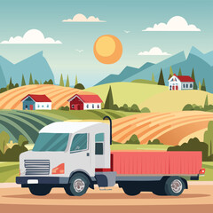 Naklejka premium Peaceful Farmers Village Scene with Rustic Truck – Countryside Landscape Featuring Traditional Farmhouses, Crops, Dirt Road, and Classic Farming Truck under Morning or Sunset Sky