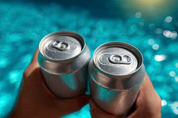 Two silver drink cans are held against a blurred aqua blue dappled water background