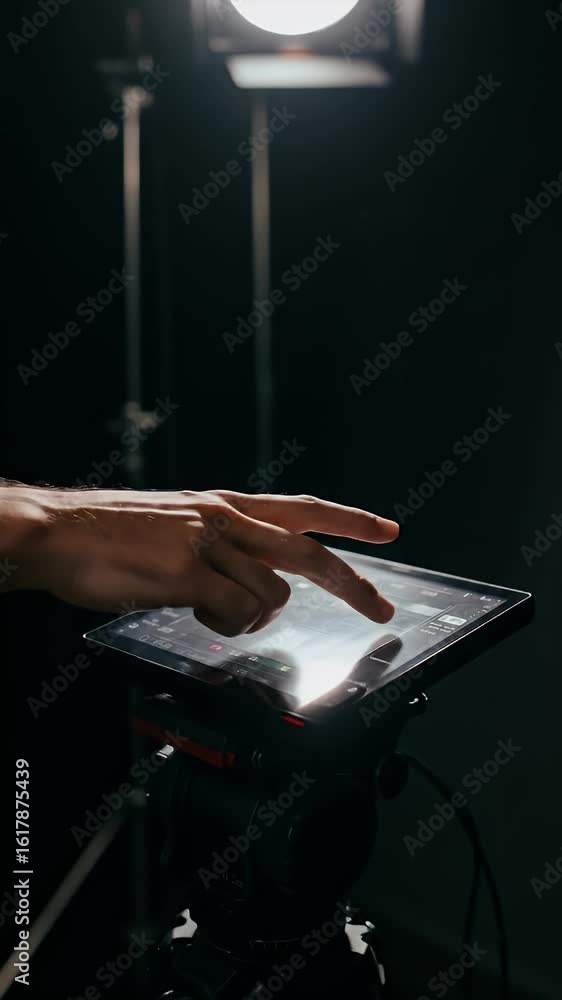 Poster hands touching tablet screen showing digital interface dark studio background