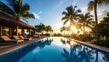 Tropical sunset over infinity pool and palm trees