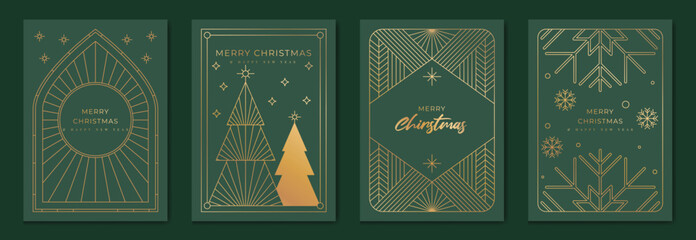 Christmas greeting card vector poster set. Happy new year background template with gold line christmas tree, snowflake and art deco element. Design for season holidays, cover, poster.