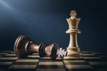 Victorious white king stands over fallen black king on chessboard