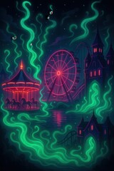A surreal illustration shows luminescent green spectral smoke billowing through a haunted carnival with a twisted carousel ferris wheel and eerie mansion reflecting in still water under a starlit sky