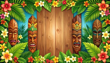 Tropical wooden background with tiki masks and vibrant flowers