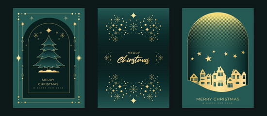 Plakat Christmas greeting card vector poster set. Happy new year background template with gold line christmas tree snowflake house and art deco element. Design for season holidays, cover, poster.
