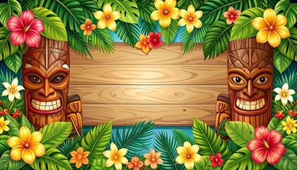 Tropical wooden sign flanked by tiki idols and lush foliage