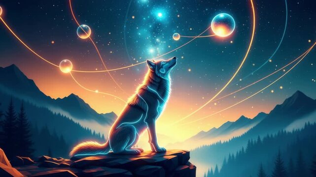 A digital artwork depicting a glowing wolf howling at a cosmic night sky filled with planets and stars set against a backdrop of majestic mountains and a serene forest