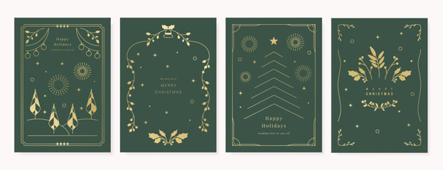 Christmas greeting card vector poster set. Happy new year background template with gold line christmas tree bauble holly leaves and art deco element. Design for season holidays, cover, poster.