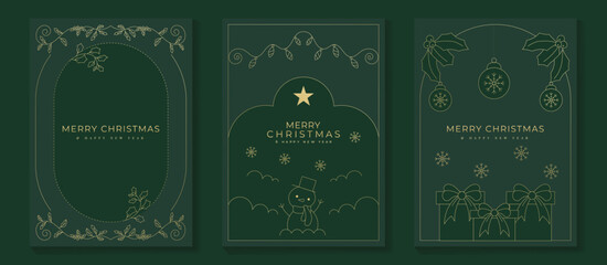 Christmas greeting card vector poster set. Happy new year background template with gold line christmas tree bauble holly gift snowman and art deco element. Design for season holidays, cover, poster.