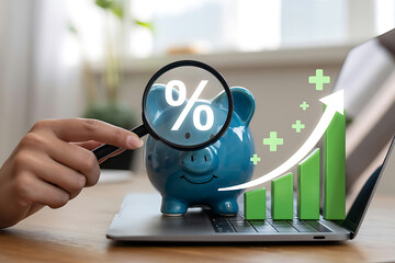 Analyzing savings growth with magnifying glass and piggy bank