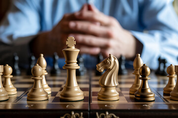 Strategic thinking person contemplating chess game