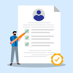 Human resource staff using pencil to marking checklist on CV candidate's. Concept checking candidate questionnaire new hire onboarding checklist vacancy job business interview and HR recruitment. 