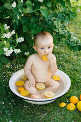 Baby Sitting In Bowl With Citrus Slices Outdoors