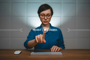 Woman interacting with futuristic holographic interface