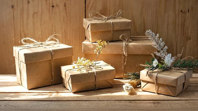 A collection of beautifully wrapped brown gift boxes adorned with twine and dried flowers on a wooden surface, creating a warm and inviting atmosphere