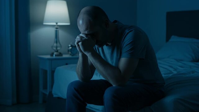 A man sits on his bed at night, head in hands, appearing distressed and possibly suffering from insomnia or anxiety