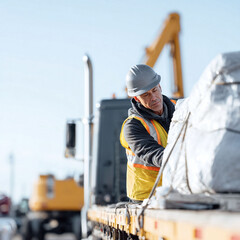 Fototapeta premium Focused worker secures cargo on flatbed. Construction, logistics, or industrial theme. Emphasizes safety, reliability, expertise. Versatile for various business contexts.