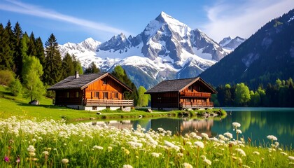 Two wooden cabins by a calm lake, surrounded by wildflowers and majestic snow-capped mountains under a bright blue sky