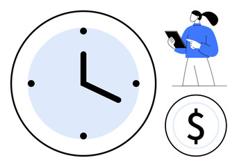 Clock for time tracking, dollar sign for profitability, woman with tablet representing organization. Ideal for productivity, planning, scheduling, efficiency, resource management, success simple