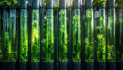 Vertical tubes filled with vibrant green plants, backlit by sunlight
