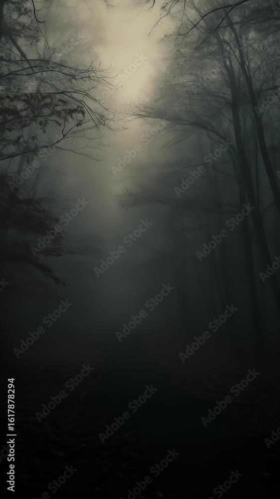 Poster misty forest scene vertical abstract dark trees with fog and moody atmosphere