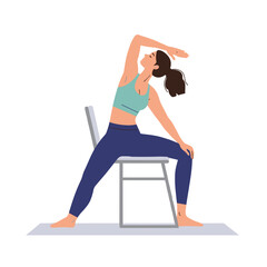 Woman practicing chair yoga feeling relaxed and flexible in a seated position with a digital style