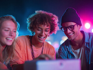 Friends connect in vibrant, modern light. Group smiling, looking at a screen, sharing joy. Ideal for youth culture, tech, friendship, and entertainment themes.