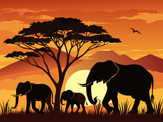 Fototapeta premium elephants at sunset