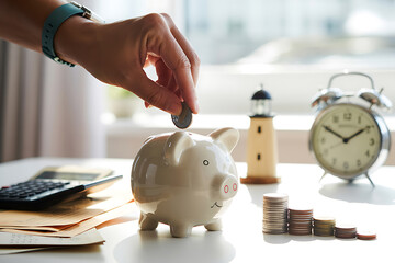 Hand deposits coin into piggy bank with lighthouse and alarm clock