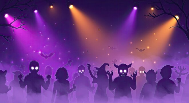 Spooky halloween party with monster silhouettes dancing in purple spooky fog