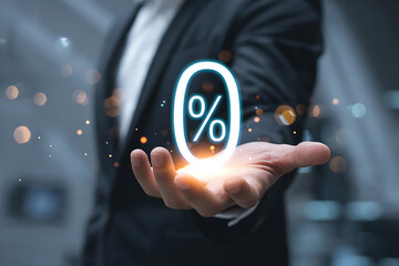 Businessman holding a glowing percentage symbol in his hand