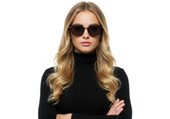 Woman wearing sunglasses and black turtleneck isolated on transparent background