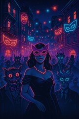 Obraz premium Masked figures in elaborate costumes gather on a city street decorated with glowing lights and floating neon masks for a colorful Halloween night celebration