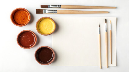 Art supplies arranged for painting with earthy tone paints and brushes on a white surface