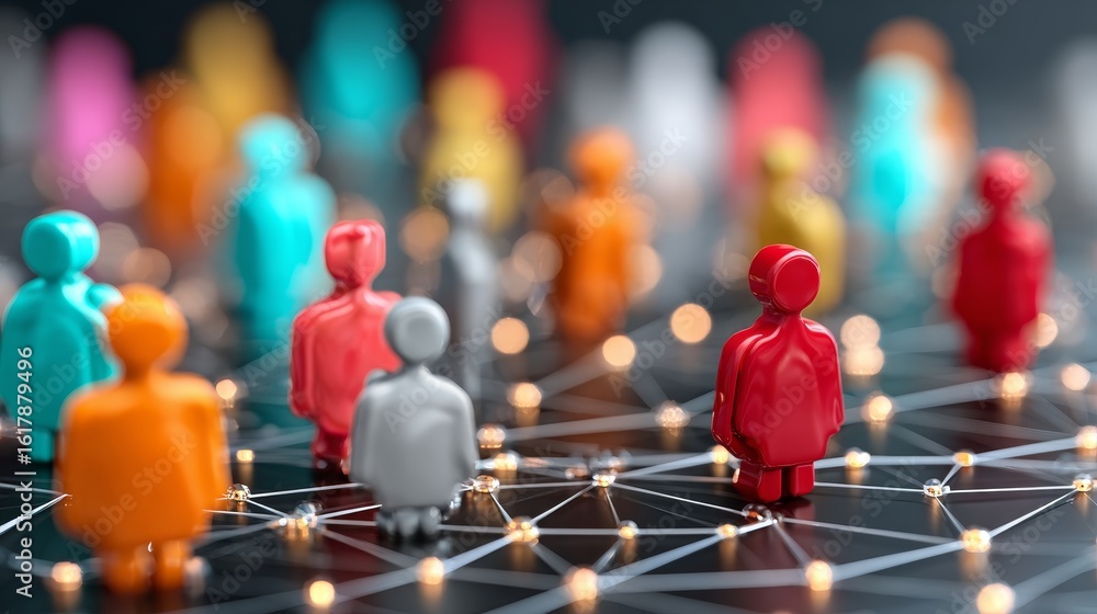 Poster vibrant network of colorful figures engaged in global interactive communication via cyberspace