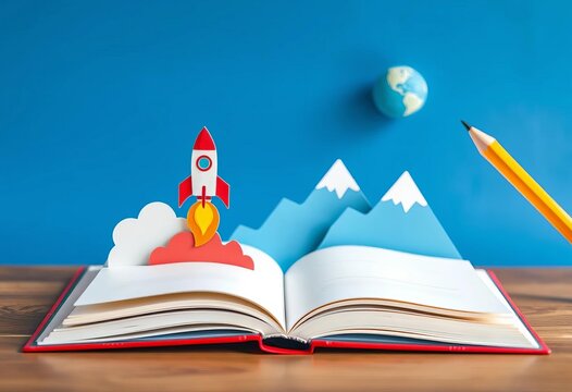 Paper cutout open book; rockets, planet, mountains, pencil, back to school theme,   wisdom,   art