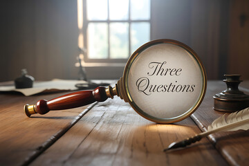 Magnifying glass reveals three questions on a desk