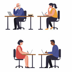 Diverse group of people of various ages and ethnicities working on laptops at individual desks, illustrating remote work, online learning, and digital tasks.