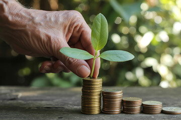 Hand planting seedling on stacked coins symbolizing financial growth