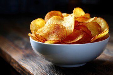 White bowl brimming with goldenbrown potato chips on a dark textured wooden surface
