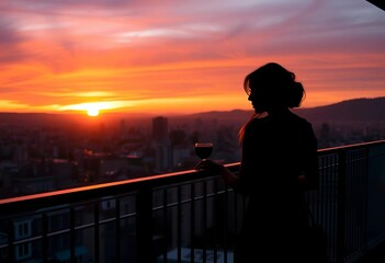 Fototapeta premium Silhouette at dawn, elegant figure on balcony overlooking cityscape, dawn, morning
