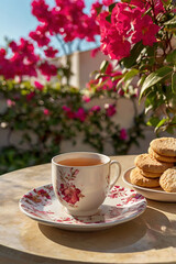 "A cozy cup of milk tea served in a white ceramic mug, placed on a decorative floral-patterned plate alongside golden, heart-shaped puff cookies with a glazed finish. The setting is outdoors, surround