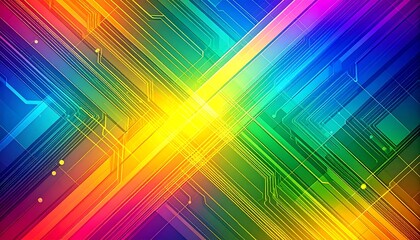 Vibrant, intersecting diagonal lines in rainbow hues overlaying a circuit board pattern