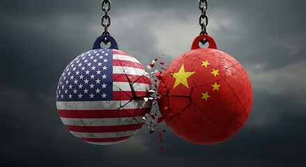 USA China trade war concept with wrecking balls colliding