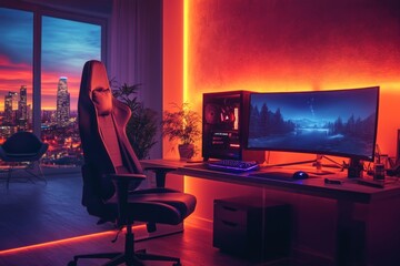Cozy Neon Gaming Room With PC