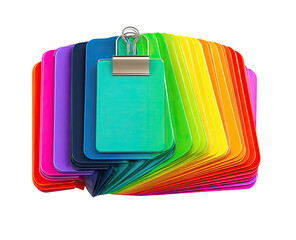 Colorful, layered clipboards in a rainbow spectrum, showcasing a teal clipboard at the center